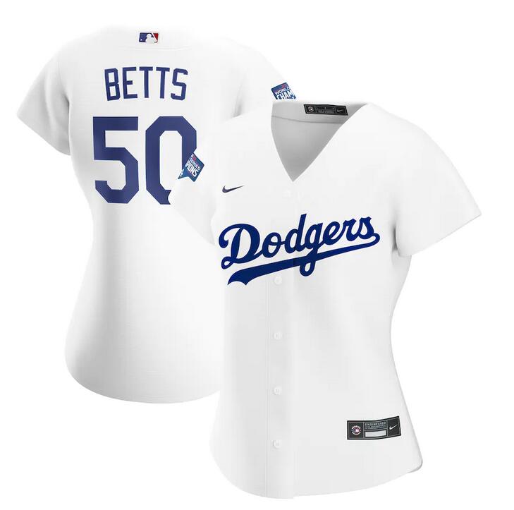 Women Los Angeles Dodgers #50 Mookie Betts Nike White 2020 World Series Champions Home Replica Player mlb Jersey